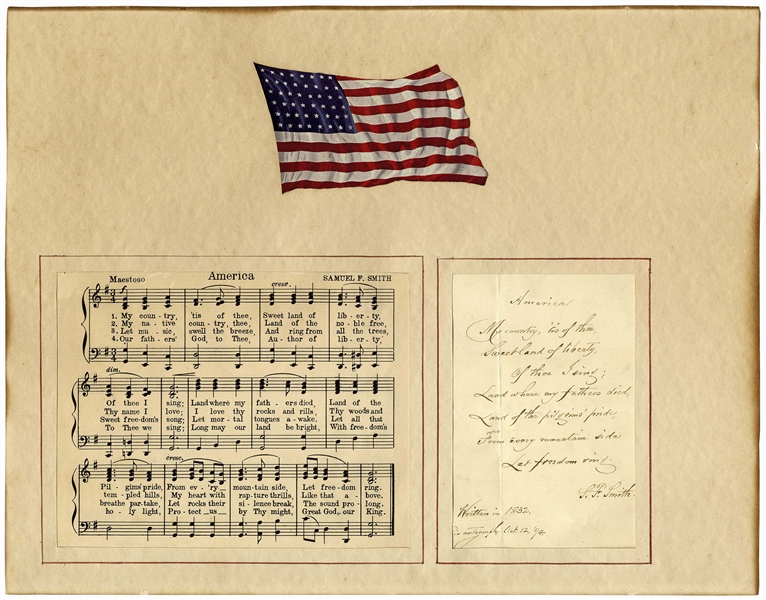 Samuel Francis Smith Signed & Handwritten First Stanza of His Beloved Song ''America''